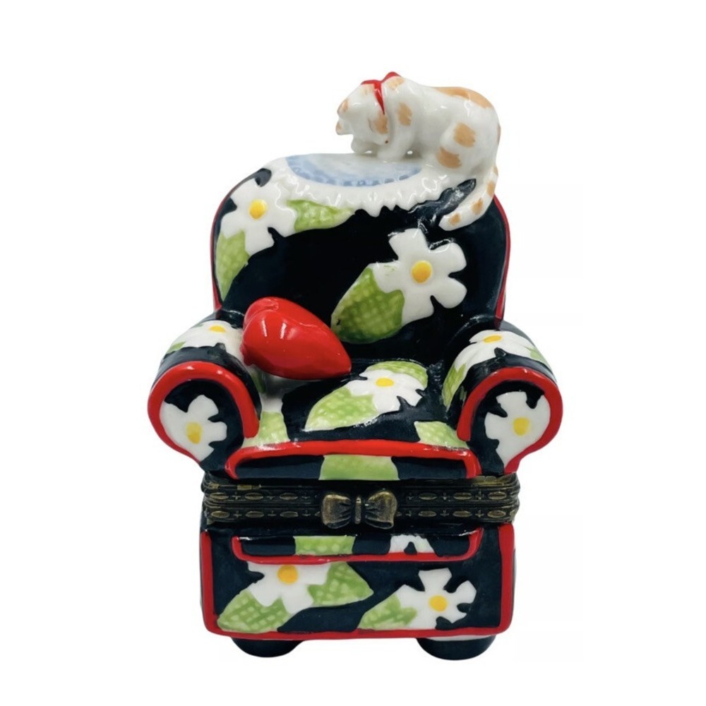 Mary Engelbreit Porcelain Trinket Box Floral Chair Heart Cat Hinged Enesco 1998